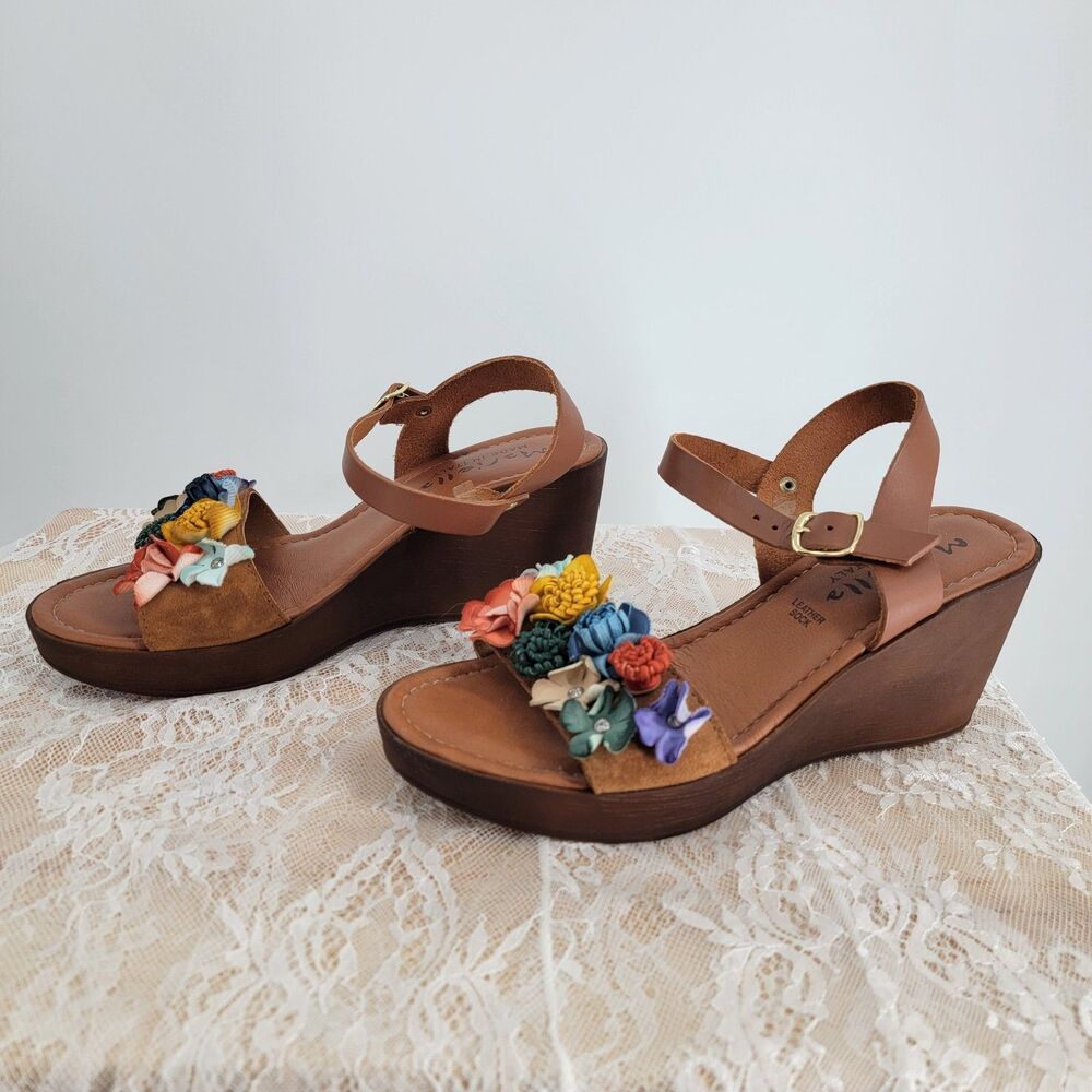 Mariella Womens 9M Brown Leather Floral Boho Wedge Sandals Made in Italy